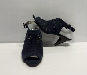 Alfani Primere Navy Blue Suede Leather Open Peep Toe Sling Back Heels Size 9.5 M